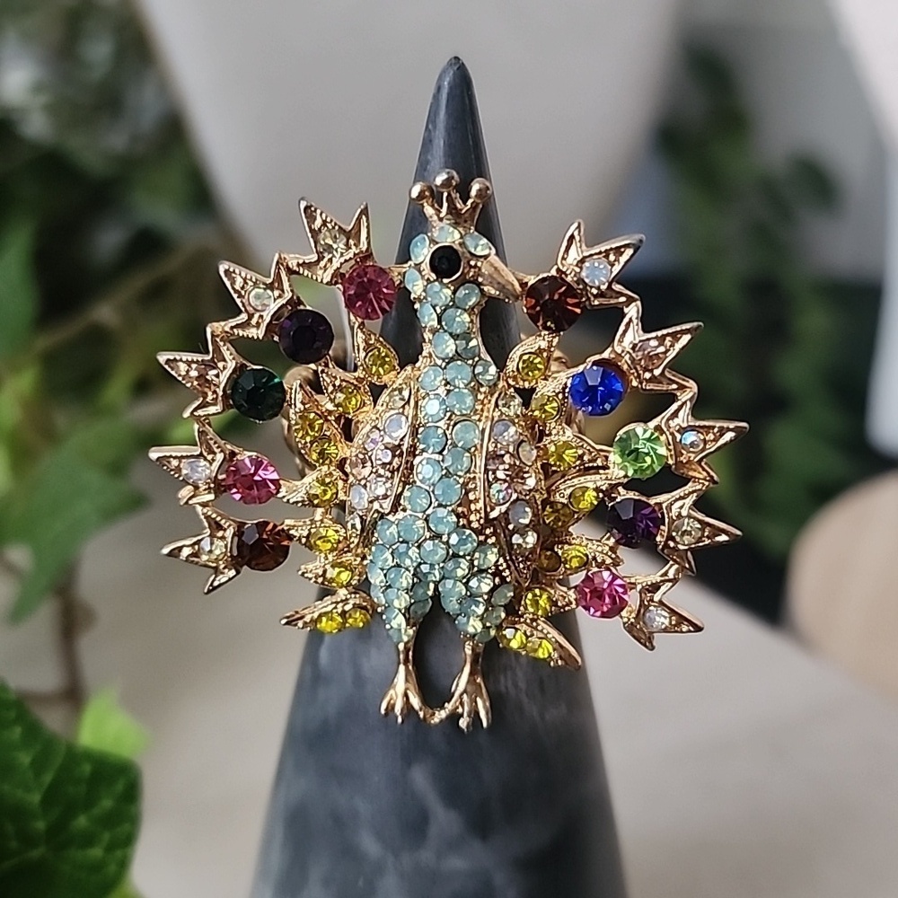 Gold with Multi Color Crystals Peacock Stretch Ring